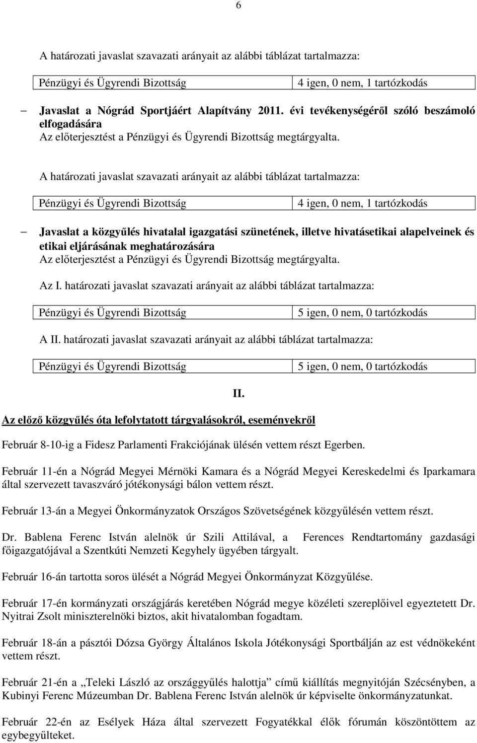 A határozati javaslat szavazati arányait az alábbi táblázat tartalmazza: 4 igen, 0 nem, 1 tartózkodás Javaslat a közgyűlés hivatalal igazgatási szünetének, illetve hivatásetikai alapelveinek és