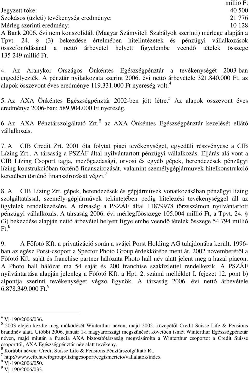 (3) bekezdése értelmében hitelintézetek és pénzügyi vállalkozások összefonódásánál a nettó árbevétel helyett figyelembe veendı tételek összege 135 249 millió Ft. 4.