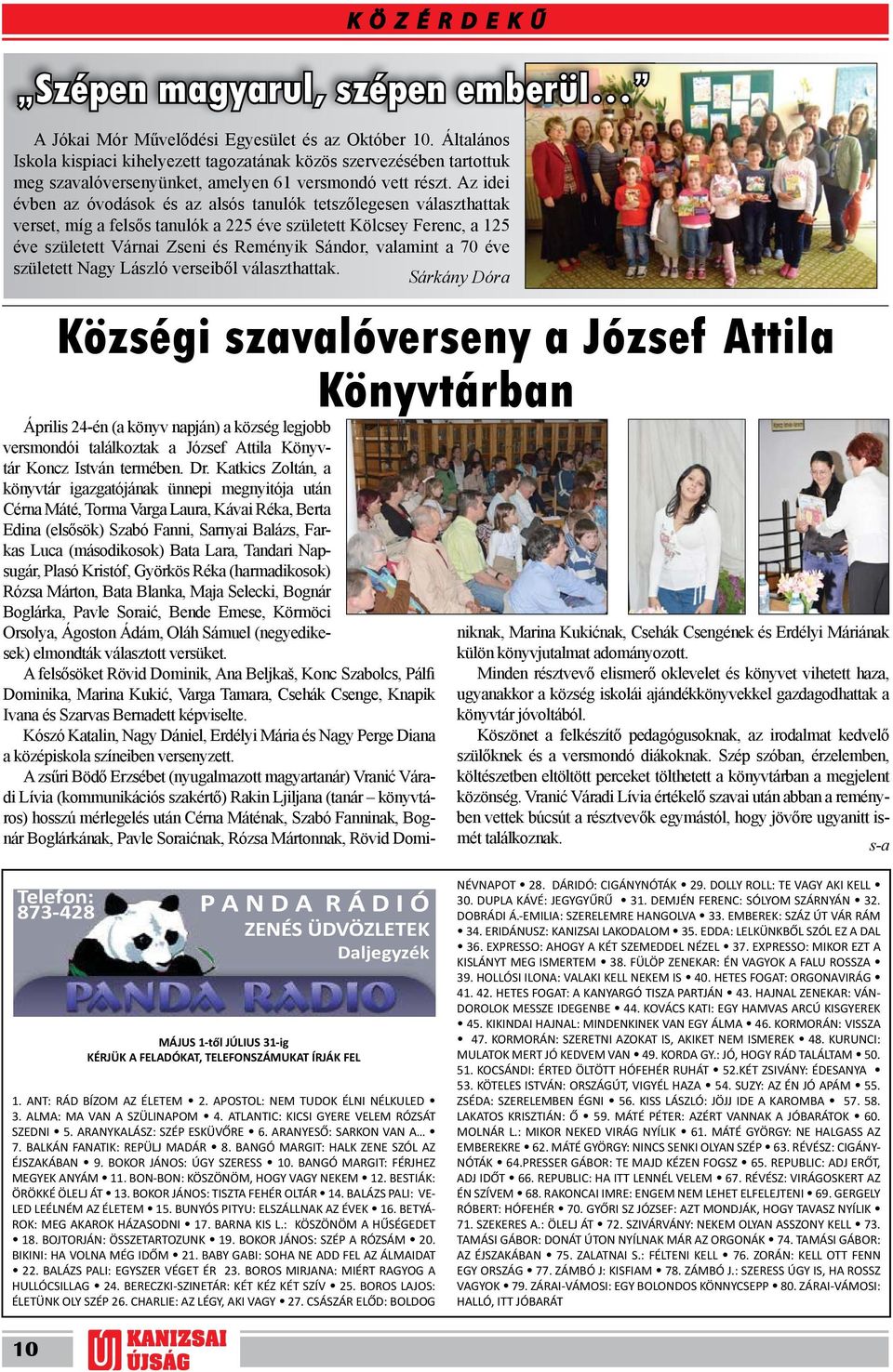 Az idei évben az óvodások és az alsós tanulók tetszőlegesen választhattak verset, míg a felsős tanulók a 225 éve született Kölcsey Ferenc, a 125 éve született Várnai Zseni és Reményik Sándor,