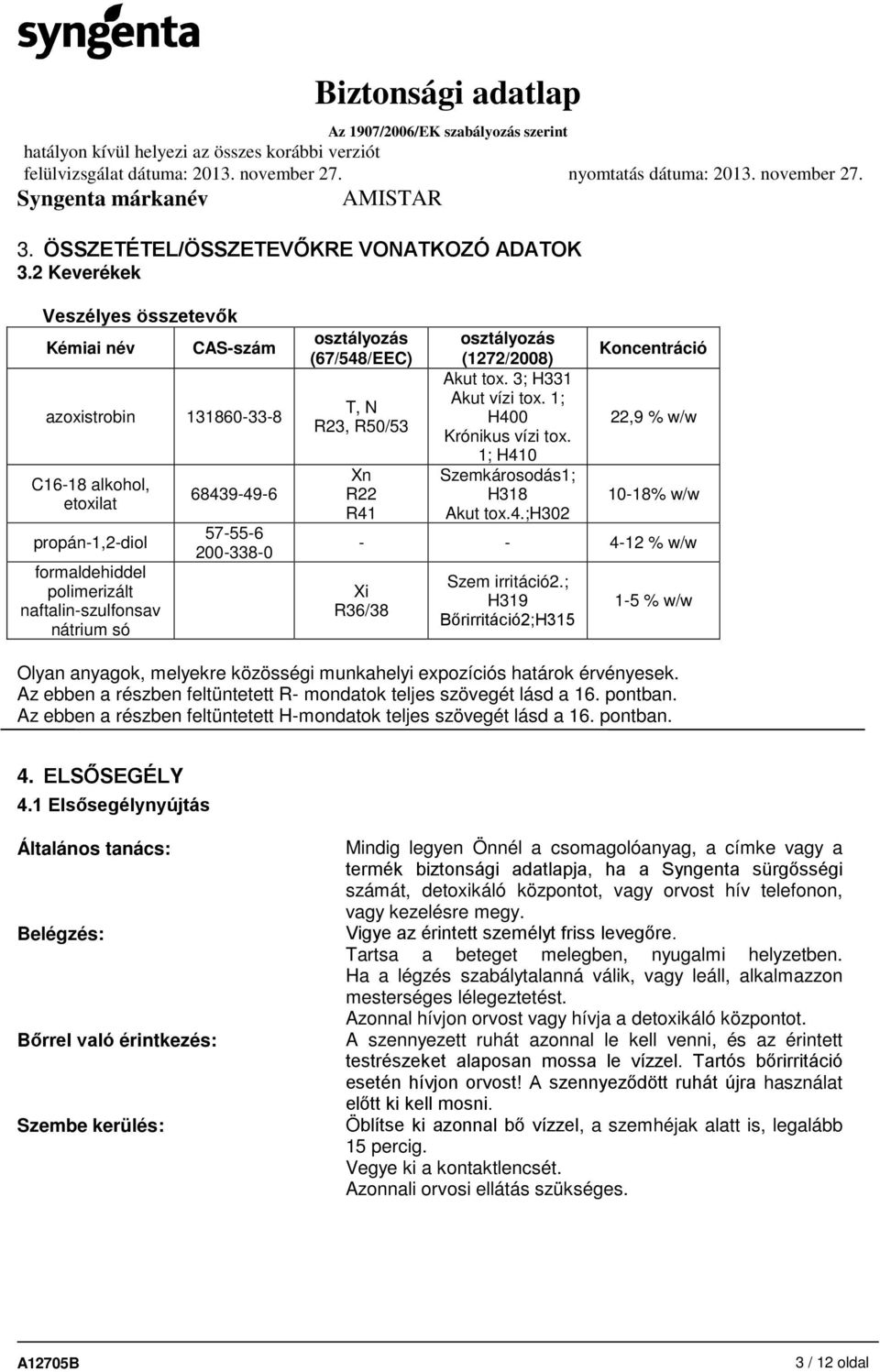 200-338-0 osztályozás (67/548/EEC) T, N R23, R50/53 Xn R22 R41 osztályozás (1272/2008) Akut tox. 3; H331 Akut vízi tox. 1; H400 Krónikus vízi tox. 1; H410 Szemkárosodás1; H318 Akut tox.4.;h302 Koncentráció 22,9 % w/w 10-18% w/w - - 4-12 % w/w Xi R36/38 Szem irritáció2.