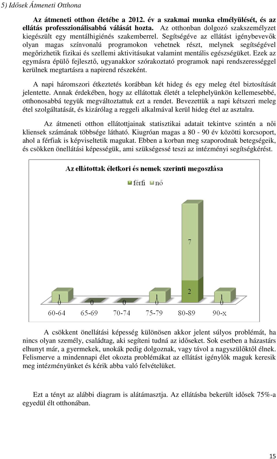 Segítségéve az ellátást igénybevevők olyan magas színvonalú programokon vehetnek részt, melynek segítségével megőrizhetik fizikai és szellemi aktivitásukat valamint mentális egészségüket.