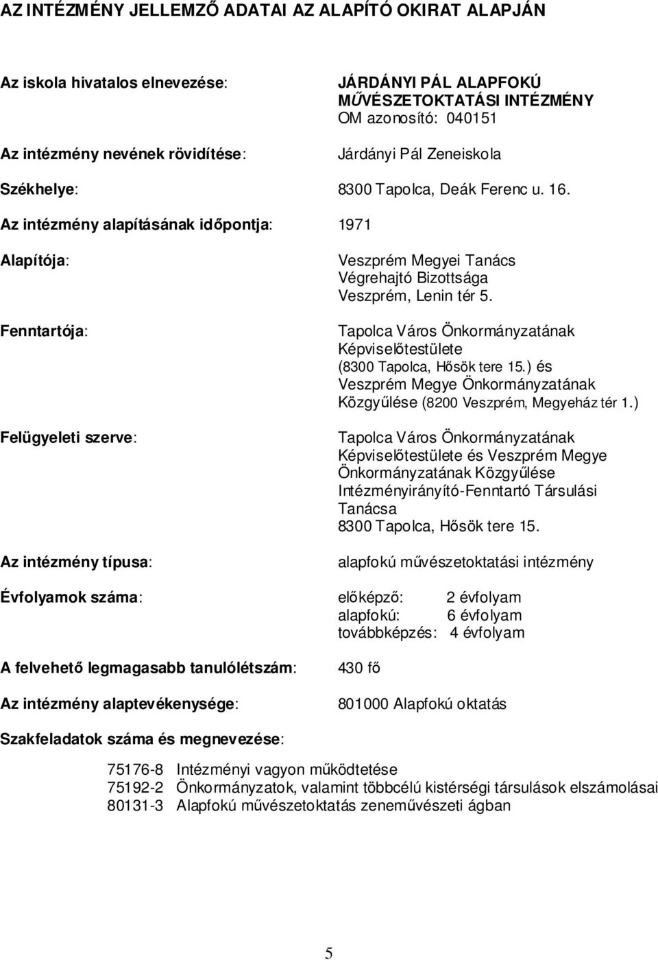 Az intézmény alapításának időpontja: 1971 Alapítója: Fenntartója: Felügyeleti szerve: Az intézmény típusa: Veszprém Megyei Tanács Végrehajtó Bizottsága Veszprém, Lenin tér 5.