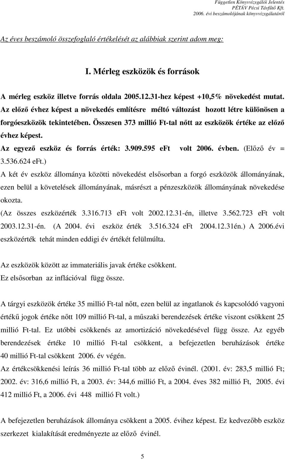 Az egyezı eszköz és forrás érték: 3.909.595 eft volt 2006. évben. (Elızı év = 3.536.624 eft.