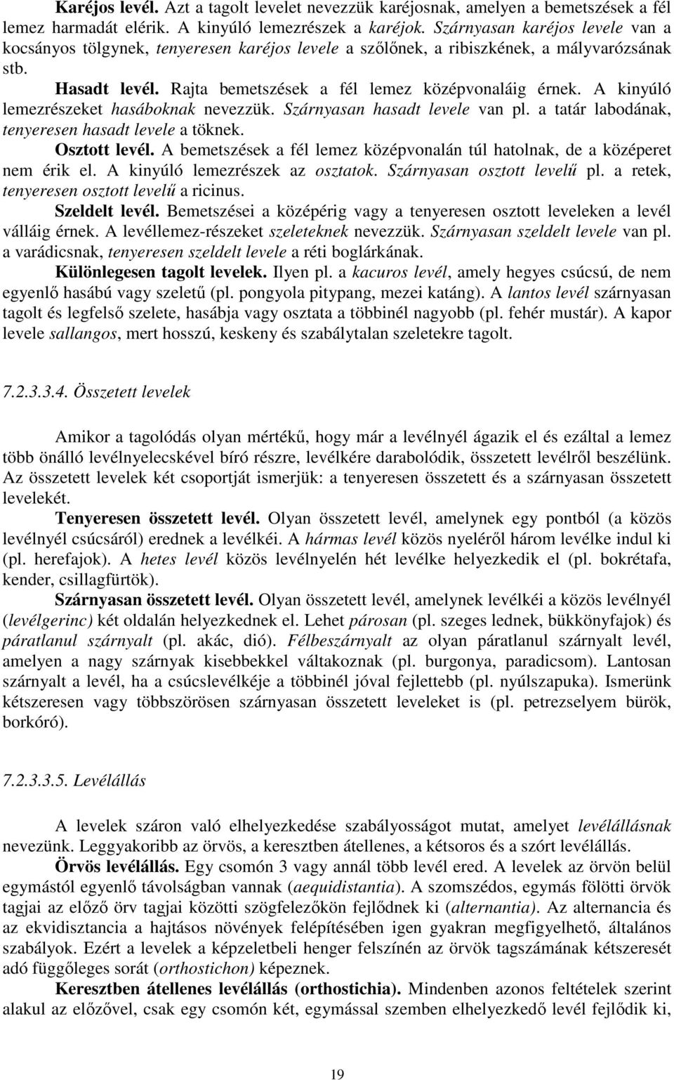 A kinyúló lemezrészeket hasáboknak nevezzük. Szárnyasan hasadt levele van pl. a tatár labodának, tenyeresen hasadt levele a töknek. Osztott levél.