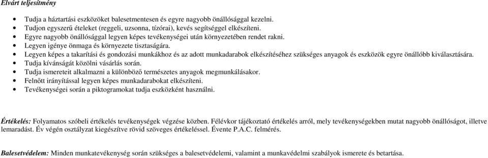 Legyen képes a takarítási és gondozási munkákhoz és az adott munkadarabok elkészítéséhez szükséges anyagok és eszközök egyre önállóbb kiválasztására. Tudja kívánságát közölni vásárlás során.