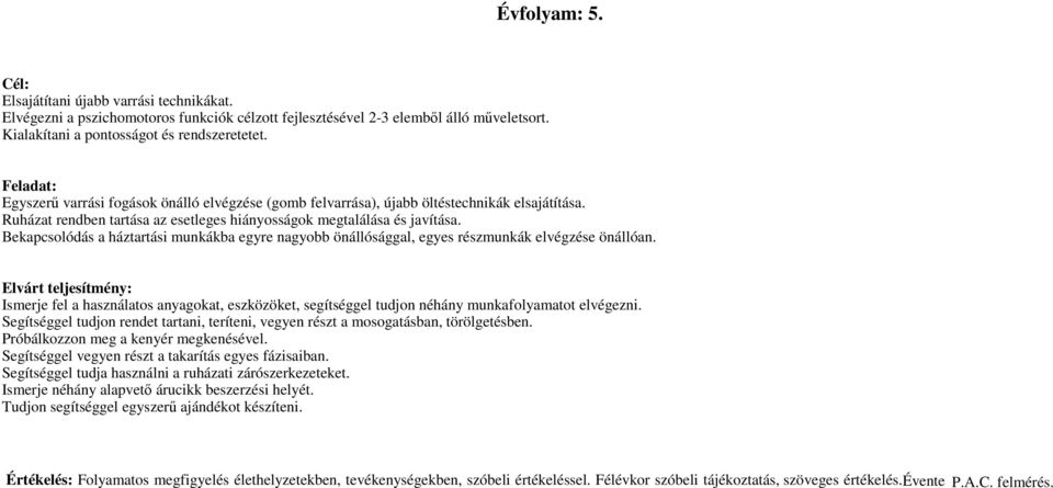 Bekapcsolódás a háztartási munkákba egyre nagyobb önállósággal, egyes részmunkák elvégzése önállóan.