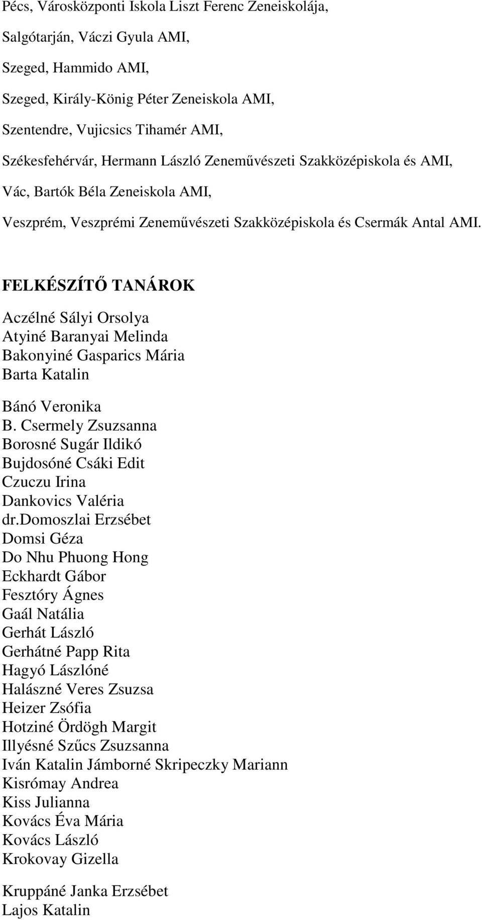 FELKÉSZÍTŐ TANÁROK Aczélné Sályi Orsolya Atyiné Baranyai Melinda Bakonyiné Gasparics Mária Barta Katalin Bánó Veronika B.