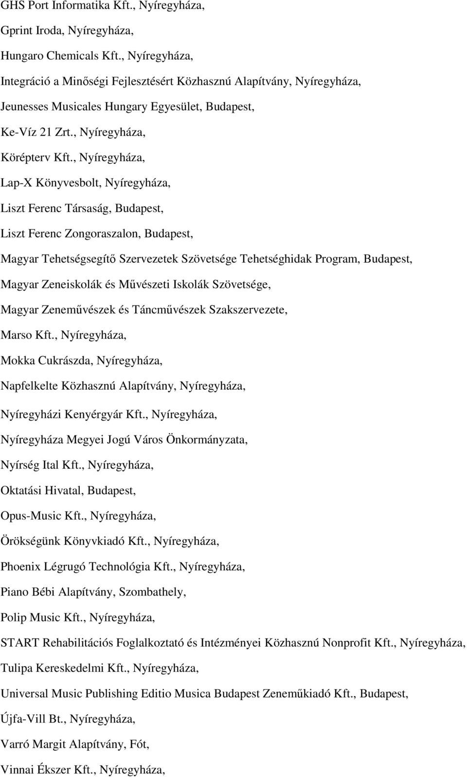 , Nyíregyháza, Lap-X Könyvesbolt, Nyíregyháza, Liszt Ferenc Társaság, Budapest, Liszt Ferenc Zongoraszalon, Budapest, Magyar Tehetségsegítő Szervezetek Szövetsége Tehetséghidak Program, Budapest,