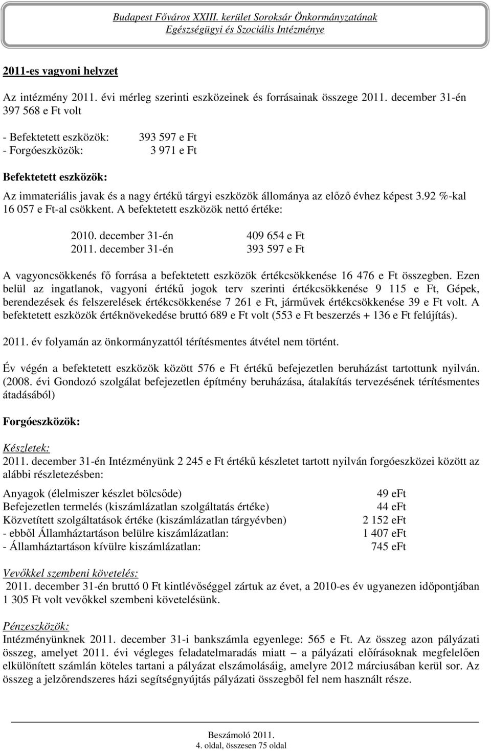 képest 3.92 %-kal 16 057 e Ft-al csökkent. A befektetett eszközök nettó értéke: 2010. december 31-én 409 654 e Ft 2011.