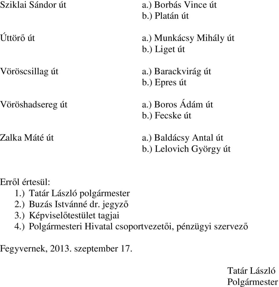 ) Baldácsy Antal út b.) Lelovich György út Erről értesül: 1.) Tatár László polgármester 2.) Buzás Istvánné dr.
