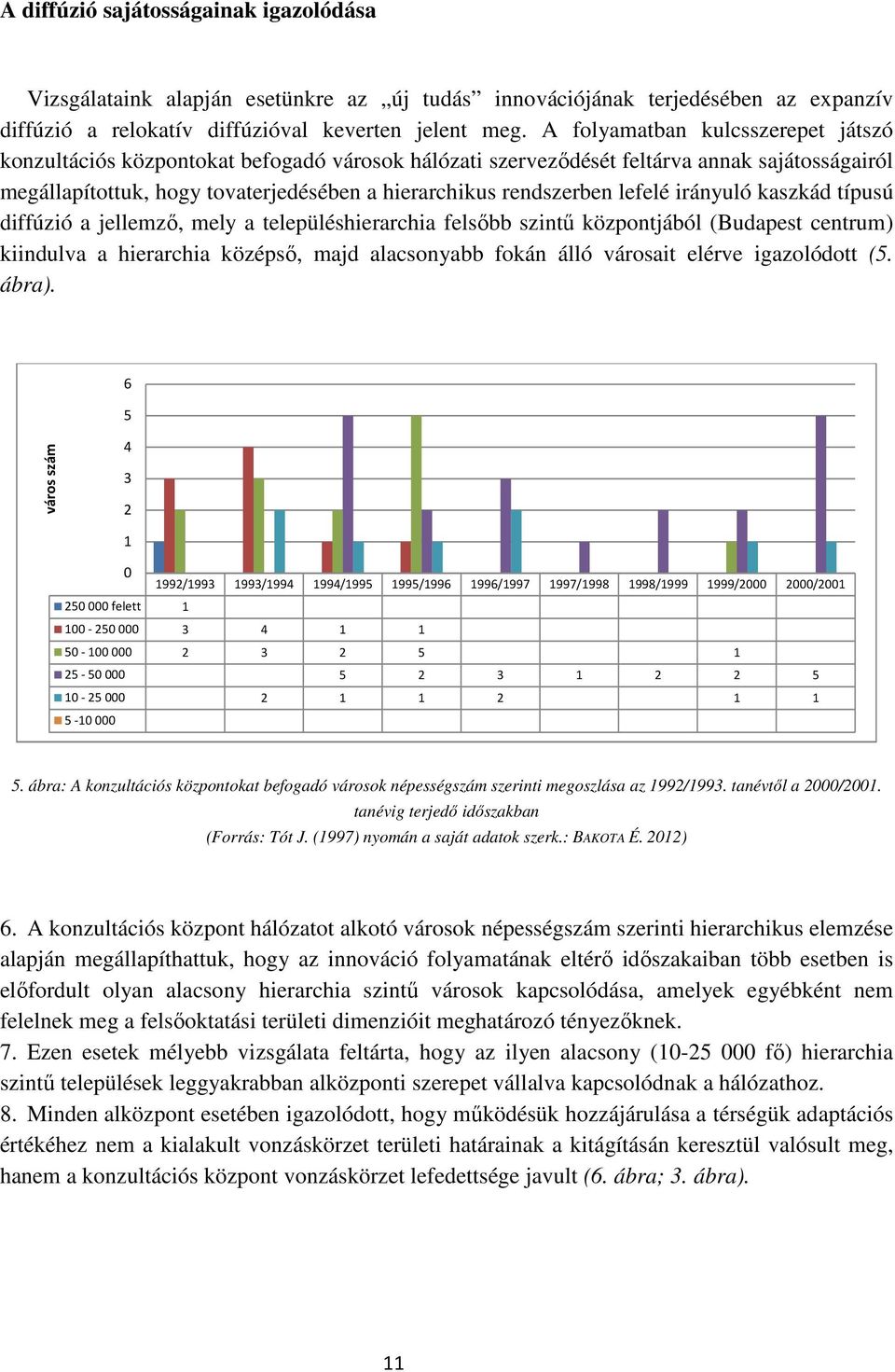 lefelé irányuló kaszkád típusú diffúzió a jellemzı, mely a településhierarchia felsıbb szintő központjából (Budapest centrum) kiindulva a hierarchia középsı, majd alacsonyabb fokán álló városait