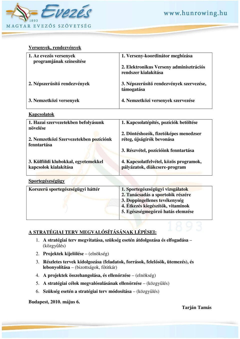 Hazai szervezetekben befolyásunk növelése 2. Nemzetközi Szervezetekben pozíciónk fenntartása 3. Külföldi klubokkal, egyetemekkel kapcsolok kialakítása 1. Kapcsolatépítés, pozíciók betöltése 2.