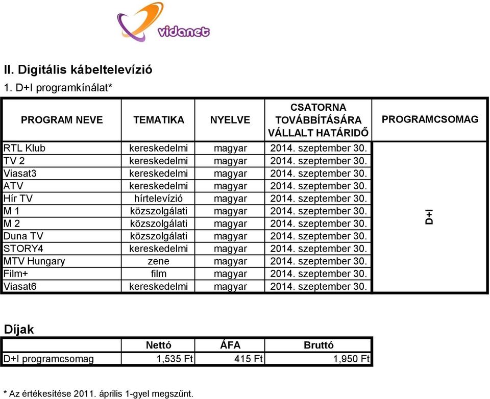 szeptember 30. Duna TV közszolgálati magyar 2014. szeptember 30. STORY4 kereskedelmi magyar 2014. szeptember 30. MTV Hungary zene magyar 2014. szeptember 30. Film+ film magyar 2014.