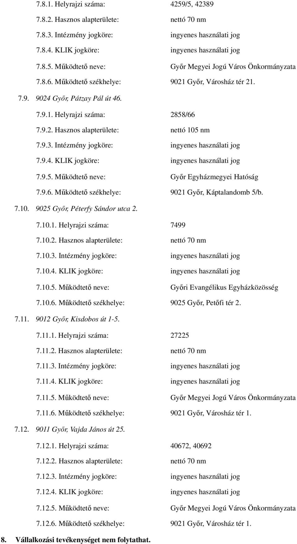 Intézmény jogköre: ingyenes használati jog 7.9.4. KLIK jogköre: ingyenes használati jog 7.9.5. Működtető neve: Győr Egyházmegyei Hatóság 7.9.6. Működtető székhelye: 9021 Győr, Káptalandomb 5/b. 7.10.