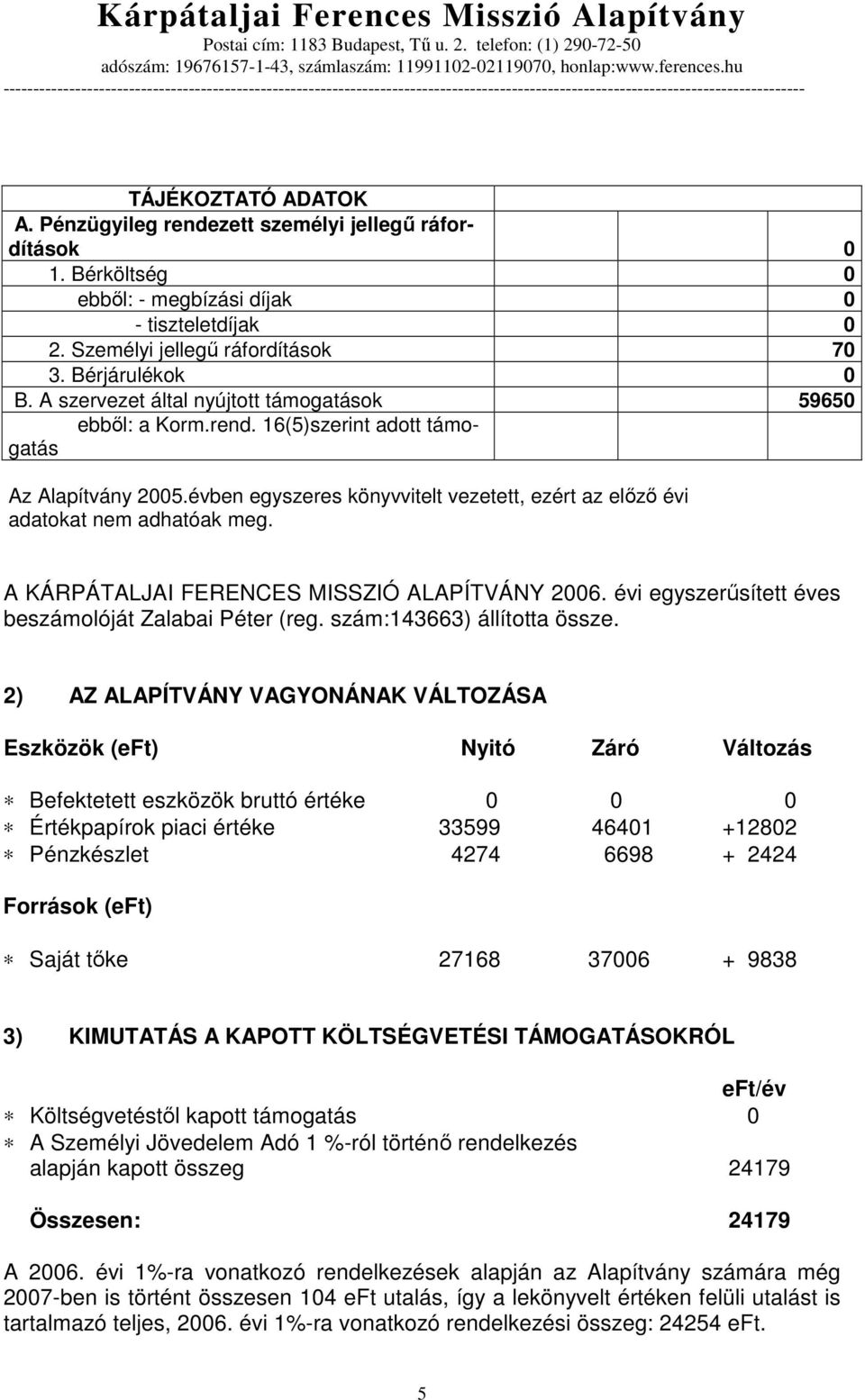 A KÁRPÁTALJAI FERENCES MISSZIÓ ALAPÍTVÁNY 2006. évi egyszerősített éves beszámolóját Zalabai Péter (reg. szám:143663) állította össze.