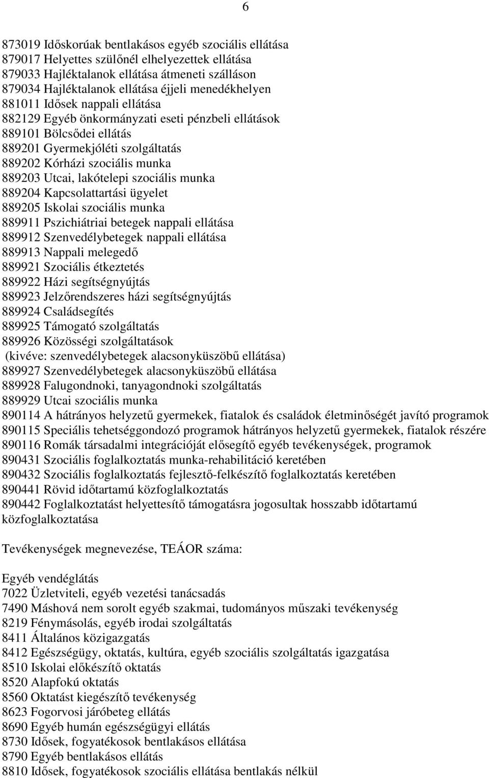 Utcai, lakótelepi szociális munka 889204 Kapcsolattartási ügyelet 889205 Iskolai szociális munka 889911 Pszichiátriai betegek nappali ellátása 889912 Szenvedélybetegek nappali ellátása 889913 Nappali