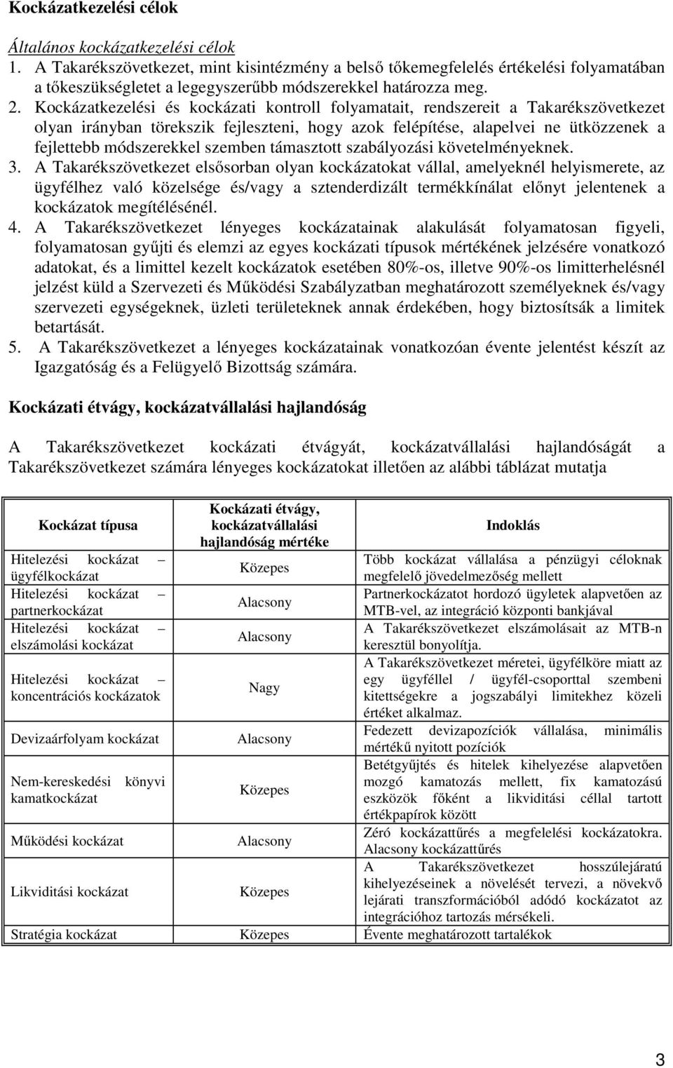 Kockázatkezelési és kockázati kontroll folyamatait, rendszereit a Takarékszövetkezet olyan irányban törekszik fejleszteni, hogy azok felépítése, alapelvei ne ütközzenek a fejlettebb módszerekkel