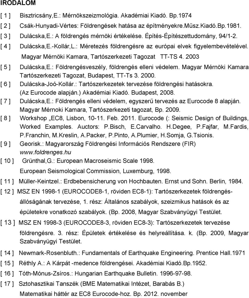 Magyar Mérnöki Kamara, Tartószerkezeti Tagozat TT-TS 4. 2003 [ 5 ] Dulácska,E.: Földrengésveszély, földrengés elleni védelem. Magyar Mérnöki Kamara Tartószerkezeti Tagozat, Budapest, TT-Ts 3. 2000.