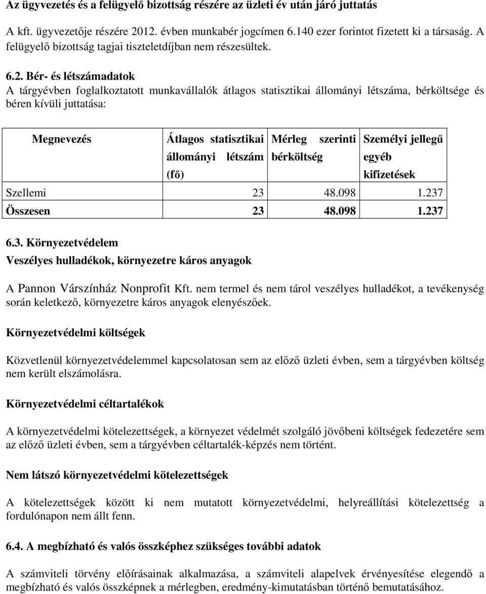 Bér- és létszámadatok A tárgyévben foglalkoztatott munkavállalók átlagos statisztikai állományi létszáma, bérköltsége és béren kívüli juttatása: Megnevezés Átlagos statisztikai állományi létszám (fő)