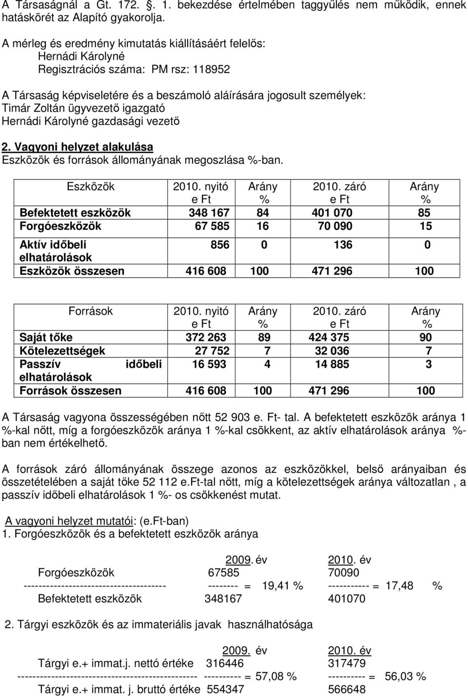 ügyvezetı igazgató Hernádi Károlyné gazdasági vezetı 2. Vagyoni helyzet alakulása Eszközök és források állományának megoszlása %ban. Eszközök 2010. nyitó e Ft Arány % 2010.