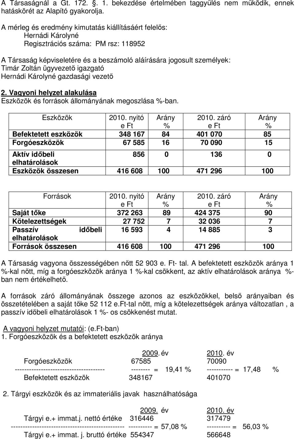 ügyvezetı igazgató Hernádi Károlyné gazdasági vezetı 2. Vagyoni helyzet alakulása Eszközök és források állományának megoszlása %ban. Eszközök 2010. nyitó e Ft Arány % 2010.