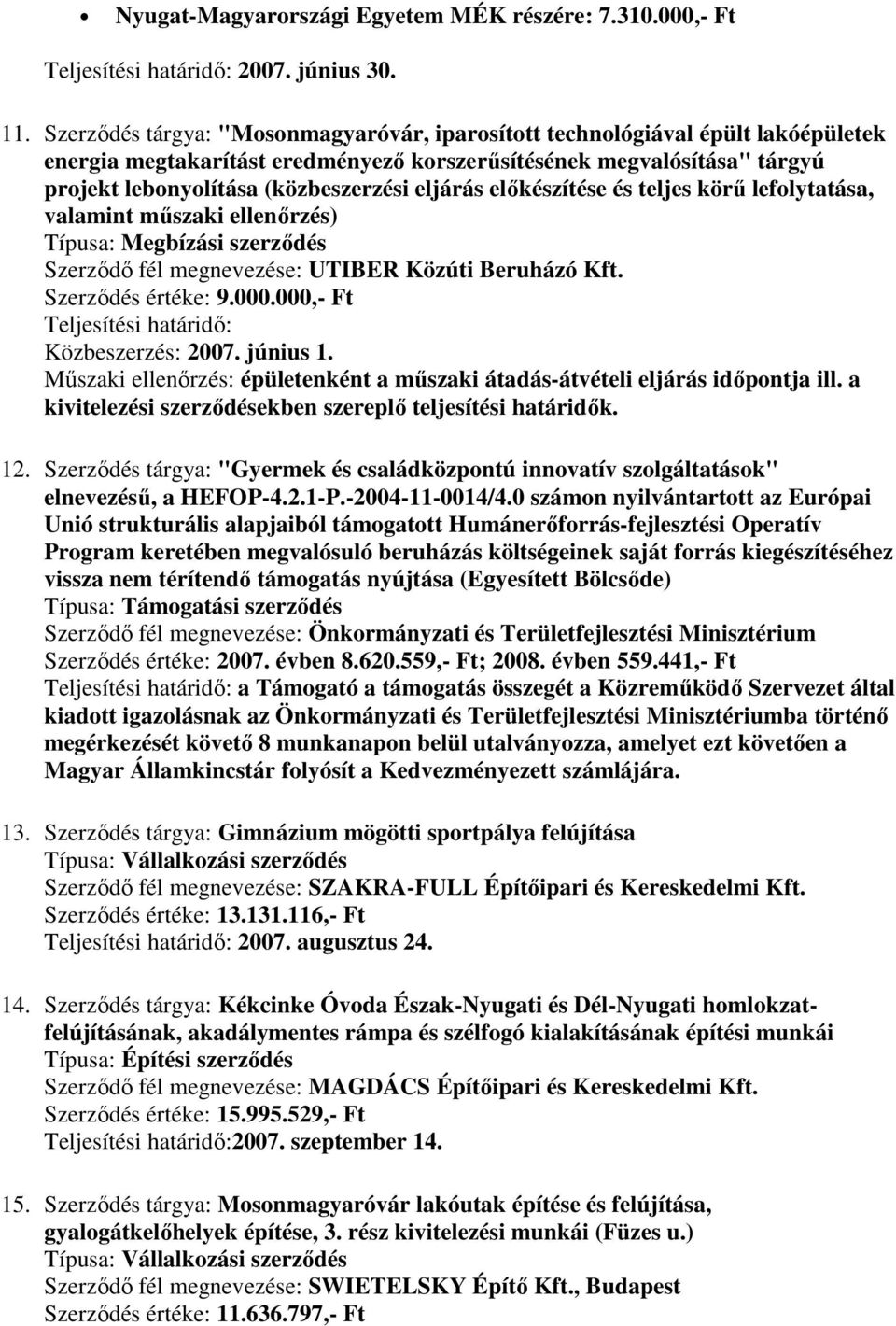 eljárás előkészítése és teljes körű lefolytatása, valamint műszaki ellenőrzés) Típusa: Megbízási szerződés Szerződő fél megnevezése: UTIBER Közúti Beruházó Kft. Szerződés értéke: 9.000.