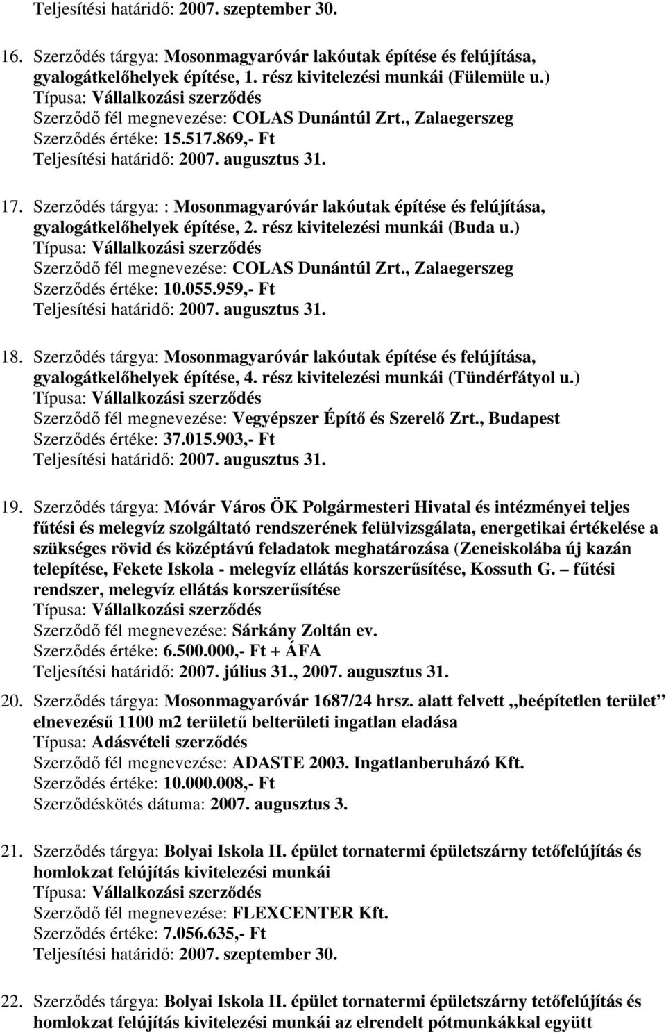 Szerződés tárgya: : Mosonmagyaróvár lakóutak építése és felújítása, gyalogátkelőhelyek építése, 2. rész kivitelezési munkái (Buda u.) Szerződő fél megnevezése: COLAS Dunántúl Zrt.