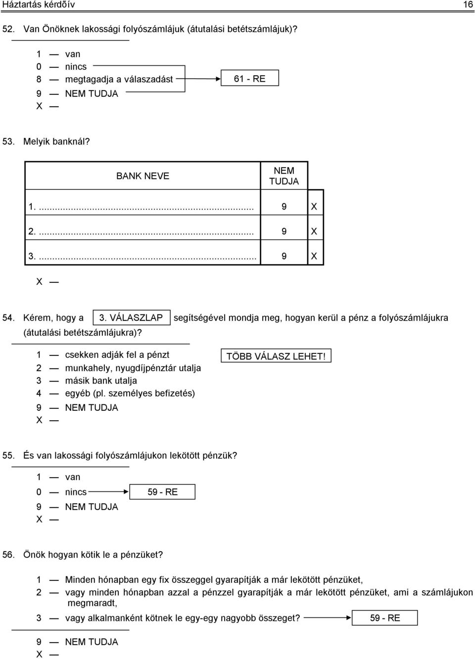 2 munkahely, nyugdíjpénztár utalja 3 másik bank utalja 4 egyéb (pl. személyes befizetés) 55. És van lakossági folyószámlájukon lekötött pénzük? 1 van 0 nincs 59 - RE 56.