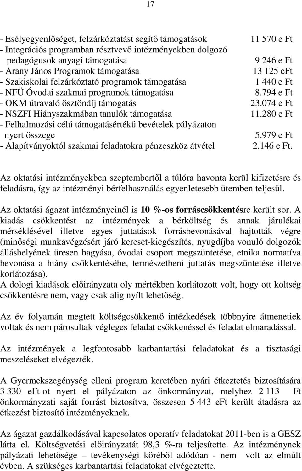 074 e Ft - NSZFI Hiányszakmában tanulók támogatása 11.280 e Ft - Felhalmozási célú támogatásértékű bevételek pályázaton nyert összege 5.