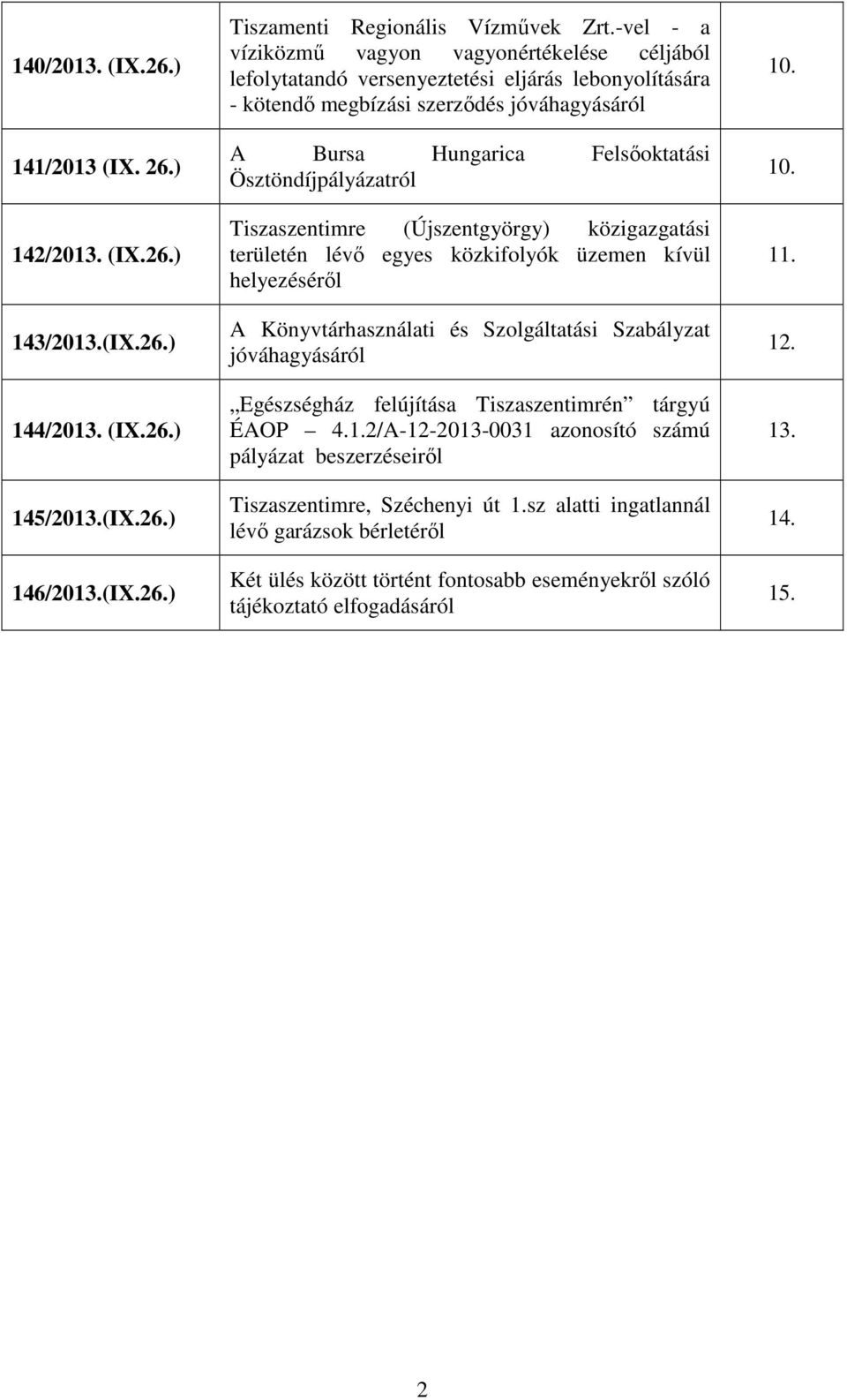 Ösztöndíjpályázatról Tiszaszentimre (Újszentgyörgy) közigazgatási területén lévı egyes közkifolyók üzemen kívül helyezésérıl A Könyvtárhasználati és Szolgáltatási Szabályzat jóváhagyásáról