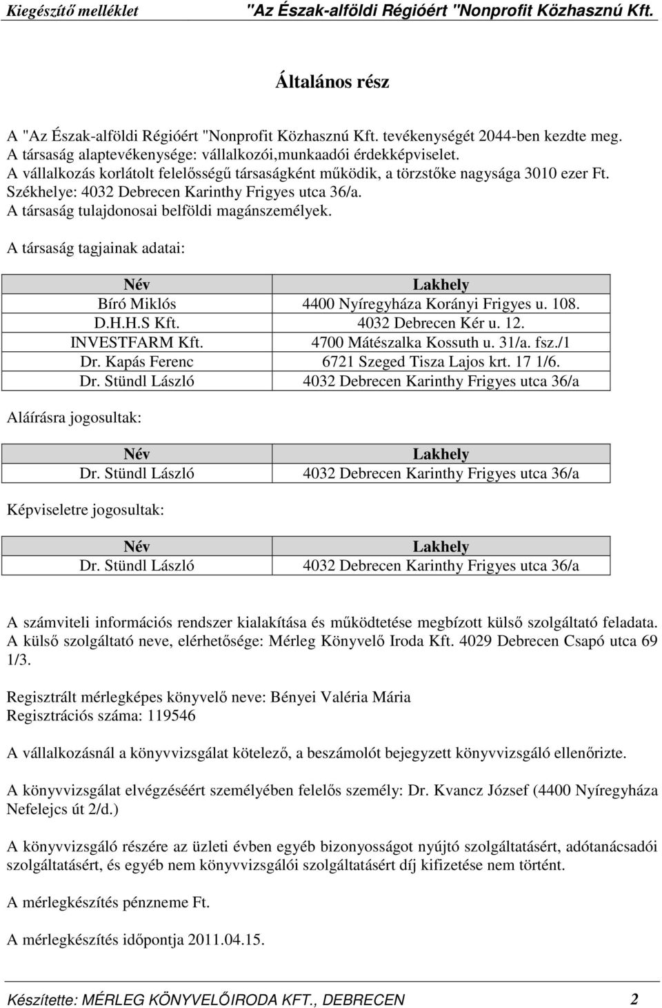 A társaság tagjainak adatai: Név Lakhely Bíró Miklós 4400 Nyíregyháza Korányi Frigyes u. 108. D.H.H.S Kft. 4032 Debrecen Kér u. 12. INVESTFARM Kft. 4700 Mátészalka Kossuth u. 31/a. fsz./1 Dr.