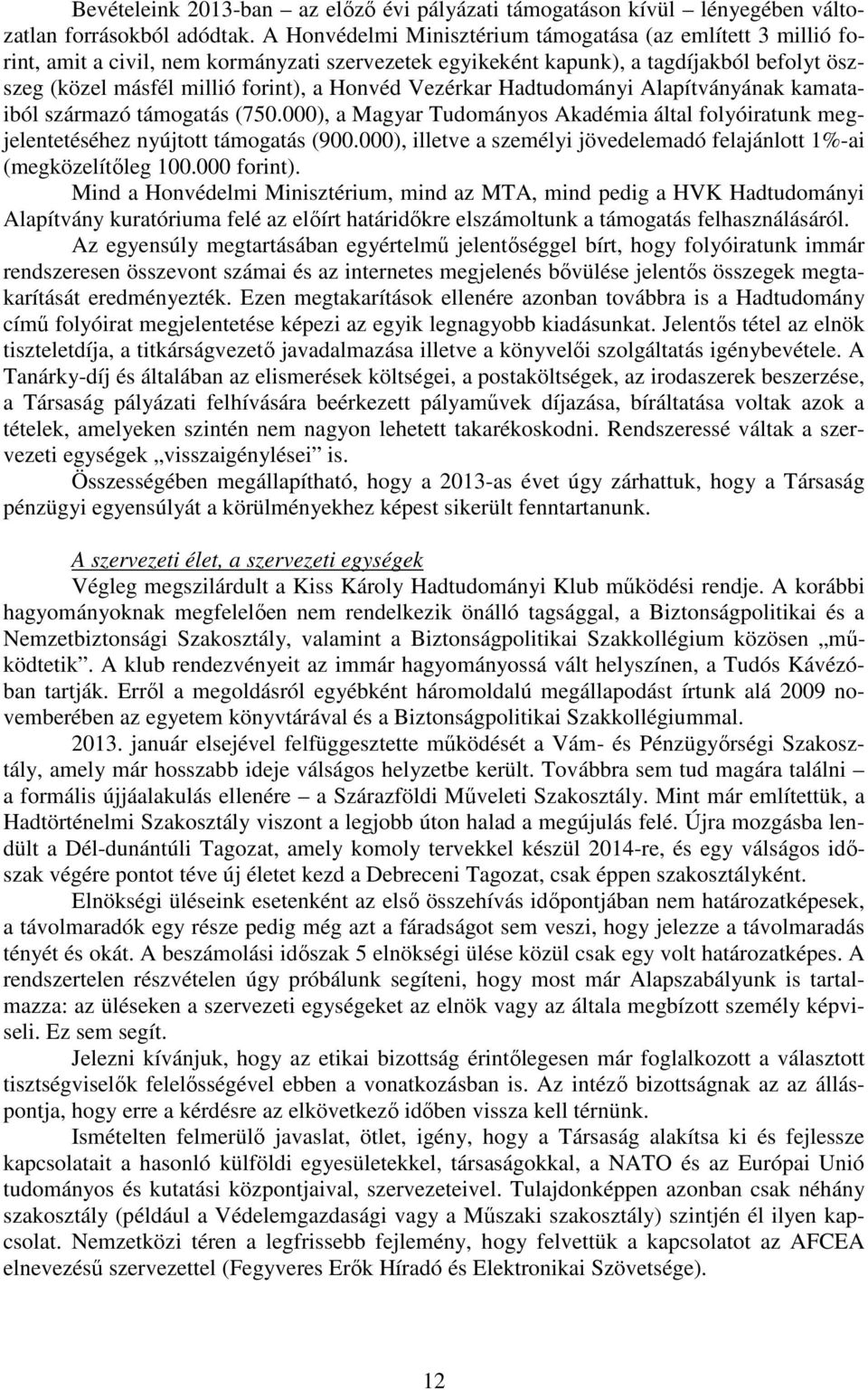 Vezérkar Hadtudományi Alapítványának kamataiból származó támogatás (750.000), a Magyar Tudományos Akadémia által folyóiratunk megjelentetéséhez nyújtott támogatás (900.