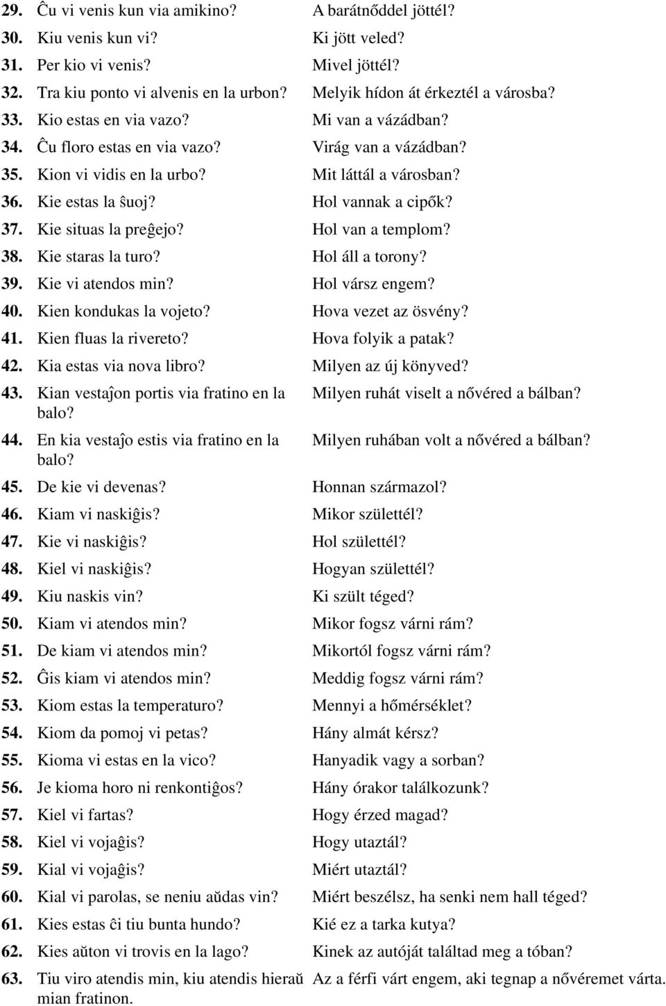 Kie estas la ŝuoj? Hol vannak a cipők? 37. Kie situas la preĝejo? Hol van a templom? 38. Kie staras la turo? Hol áll a torony? 39. Kie vi atendos min? Hol vársz engem? 40. Kien kondukas la vojeto?