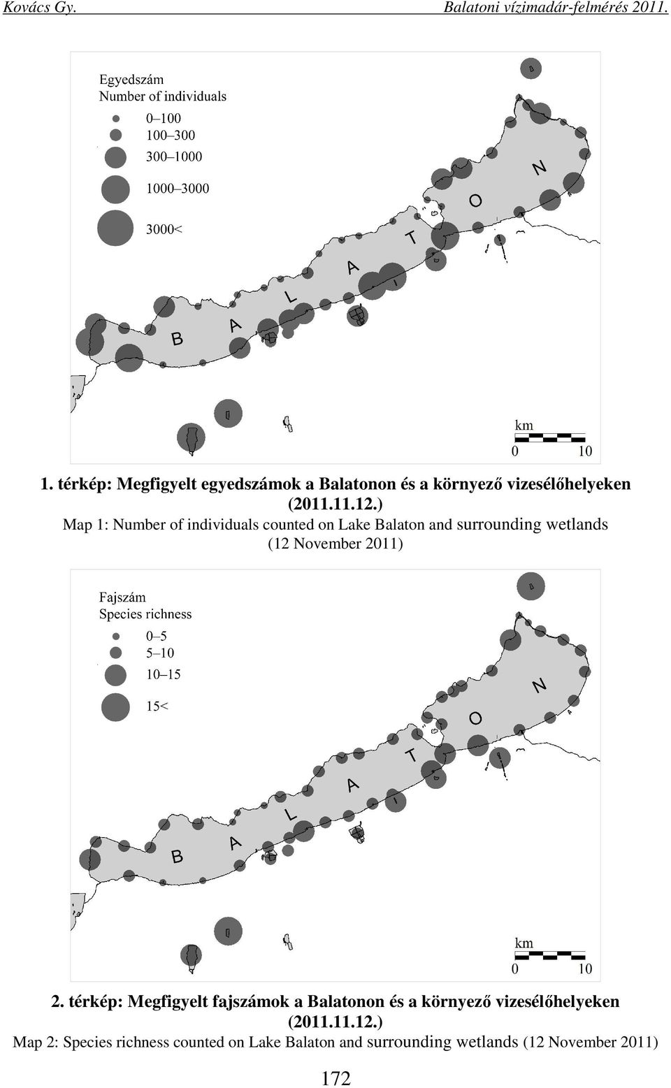 2011) 2. térkép: Megfigyelt fajszámok a Balatonon és a környező vizesélőhelyeken (2011.11.12.