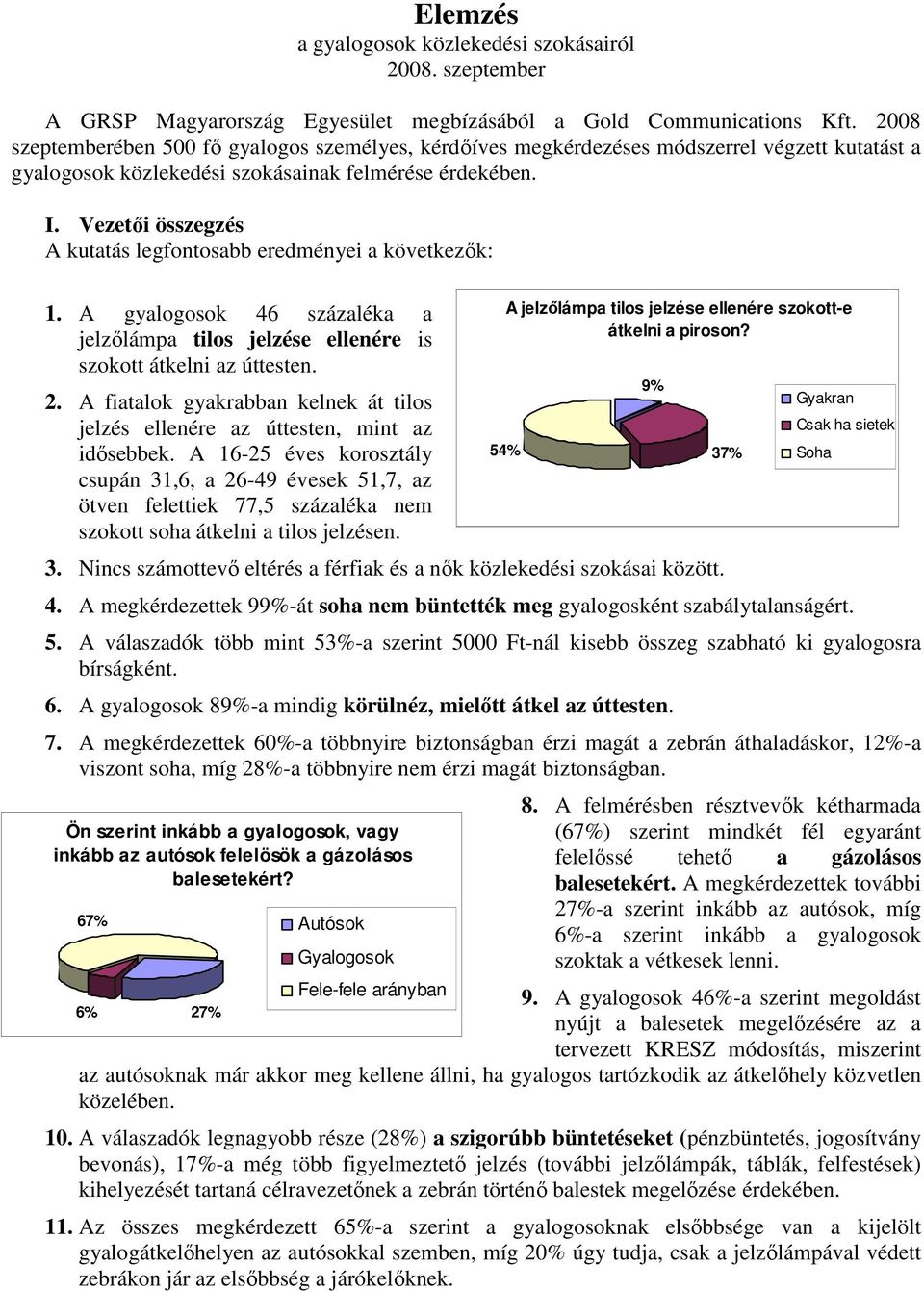 Vezetıi összegzés A kutatás legfontosabb eredményei a következık: 1. A gyalogosok 46 százaléka a jelzılámpa tilos jelzése ellenére is szokott átkelni az úttesten. 2.