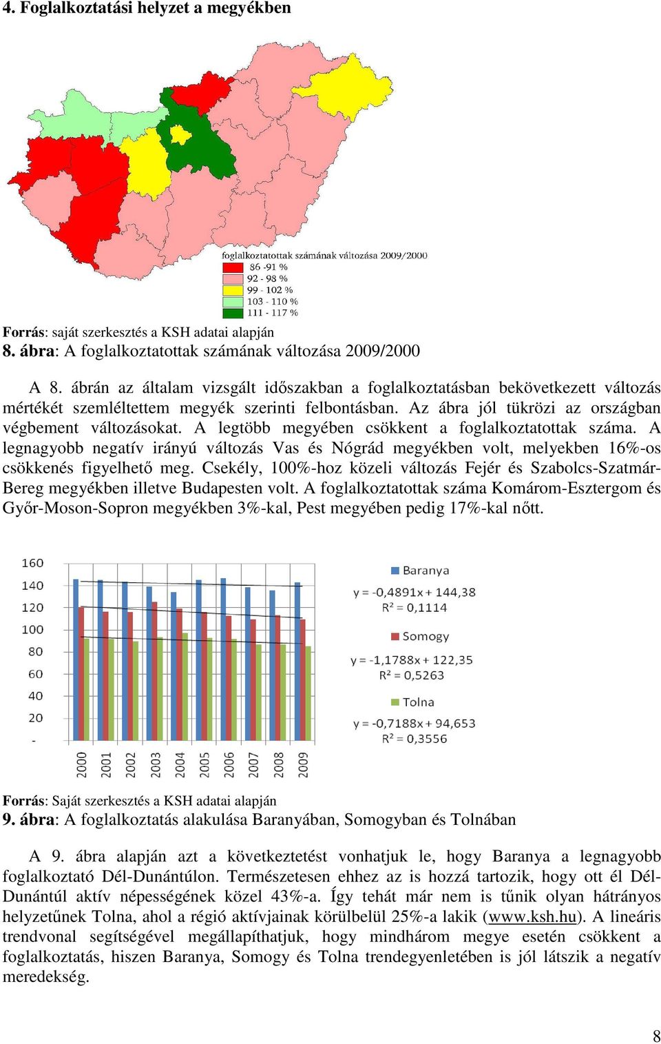 A legtöbb megyében csökkent a foglalkoztatottak száma. A legnagyobb negatív irányú változás Vas és Nógrád megyékben volt, melyekben 16%-os csökkenés figyelhetı meg.