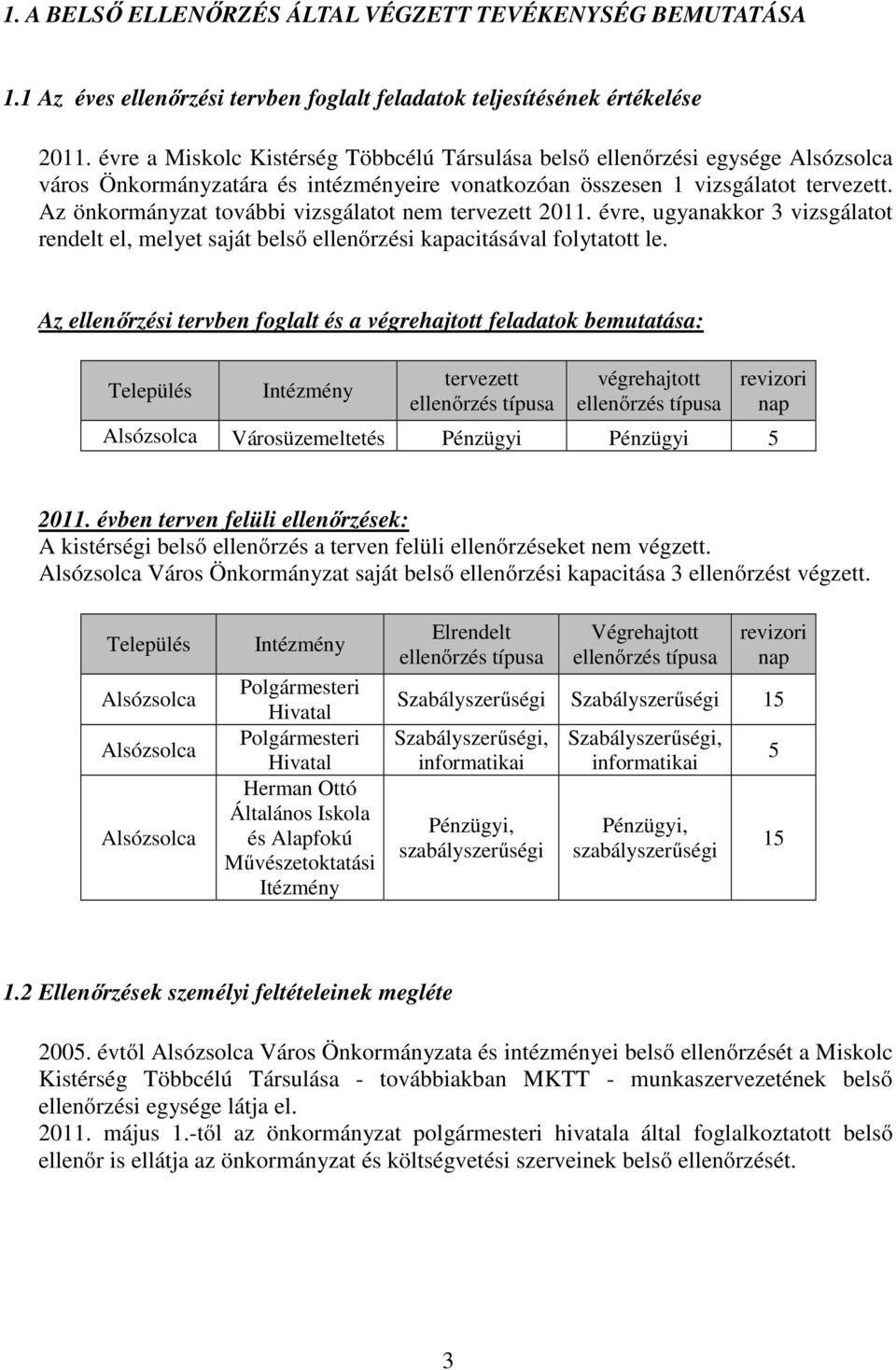 Az önkormányzat további vizsgálatot nem tervezett 2011. évre, ugyanakkor 3 vizsgálatot rendelt el, melyet saját belső ellenőrzési kapacitásával folytatott le.