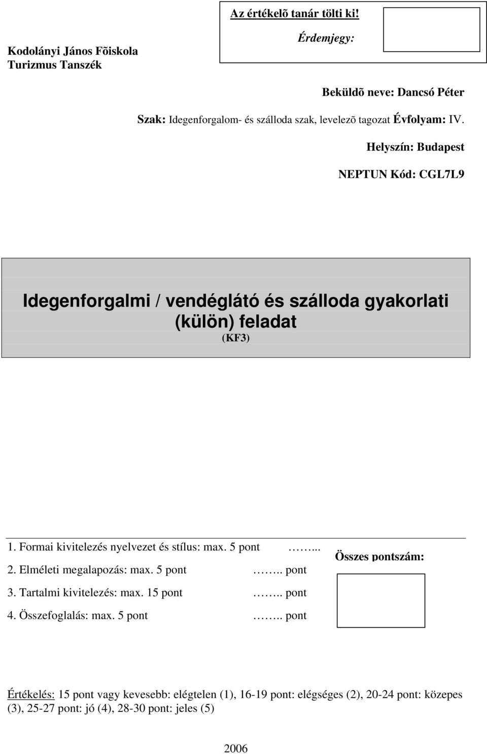 Helyszín: Budapest NEPTUN Kód: CGL7L9 Idegenforgalmi / vendéglátó és szálloda gyakorlati (külön) feladat (KF3) 1. Formai kivitelezés nyelvezet és stílus: max.