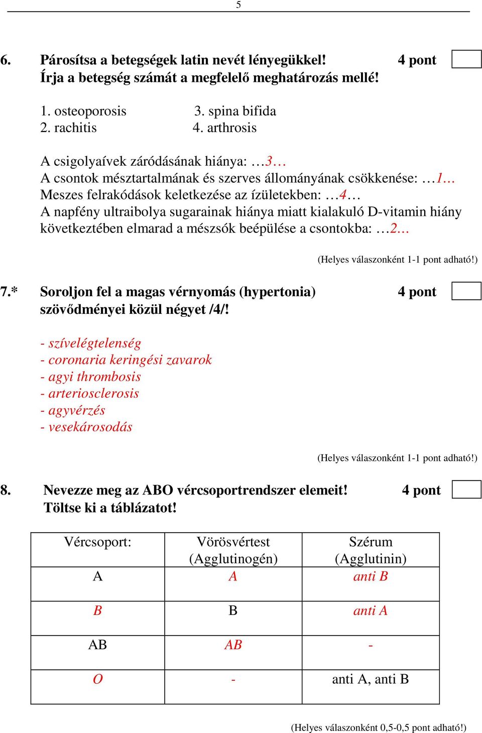 hiánya miatt kialakuló D-vitamin hiány következtében elmarad a mészsók beépülése a csontokba: 2 7.* Soroljon fel a magas vérnyomás (hypertonia) 4 pont szövődményei közül négyet /4/!