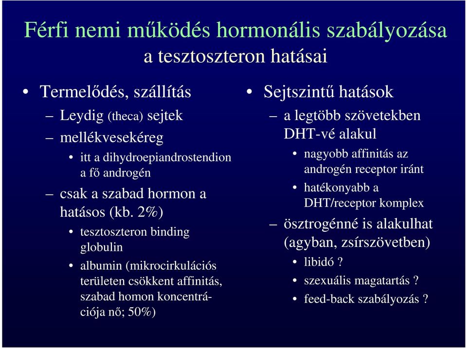 2%) tesztoszteron binding globulin albumin (mikrocirkulációs területen csökkent affinitás, szabad homon koncentrációja nő; 50%) Sejtszintű