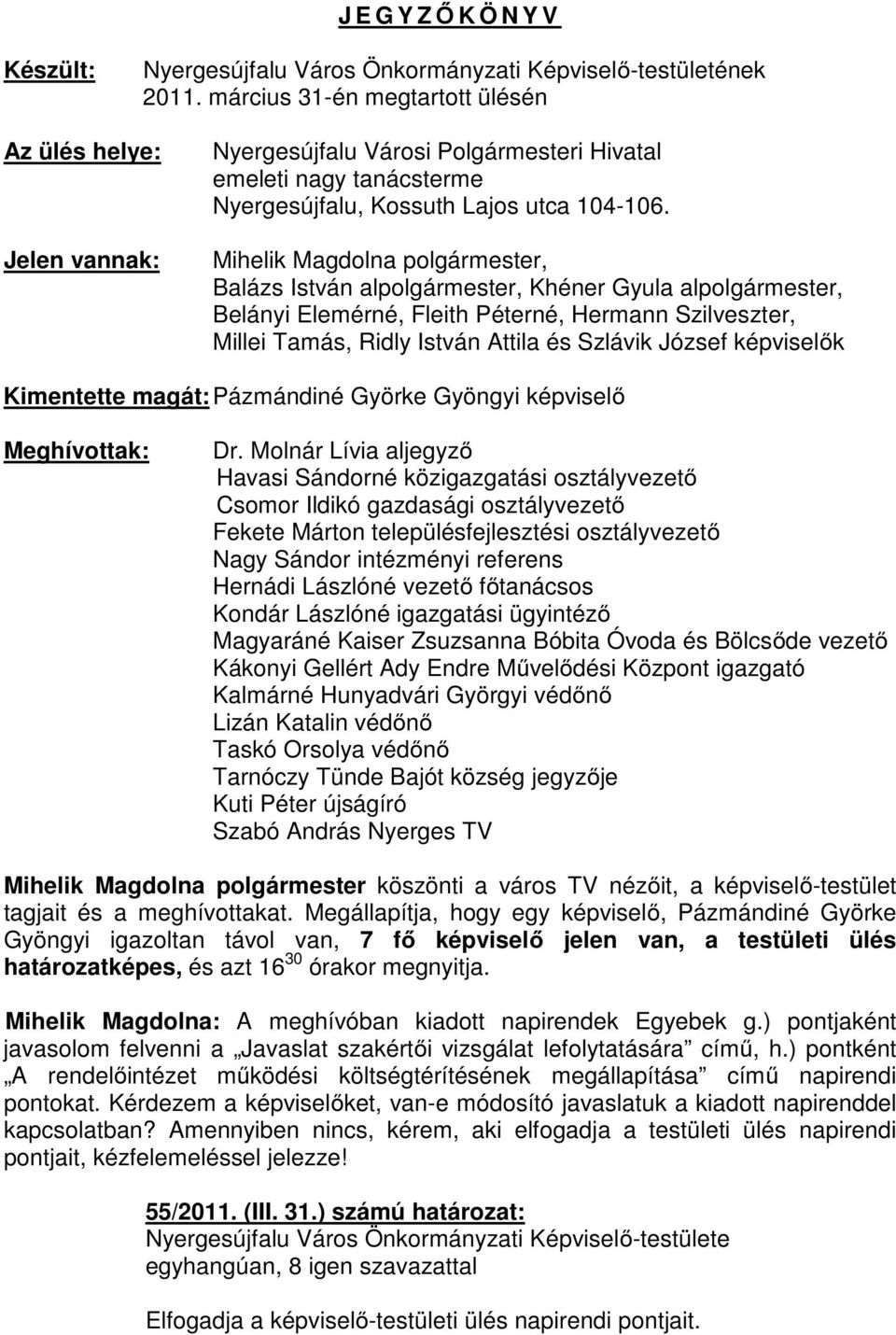 Mihelik Magdolna polgármester, Balázs István alpolgármester, Khéner Gyula alpolgármester, Belányi Elemérné, Fleith Péterné, Hermann Szilveszter, Millei Tamás, Ridly István Attila és Szlávik József