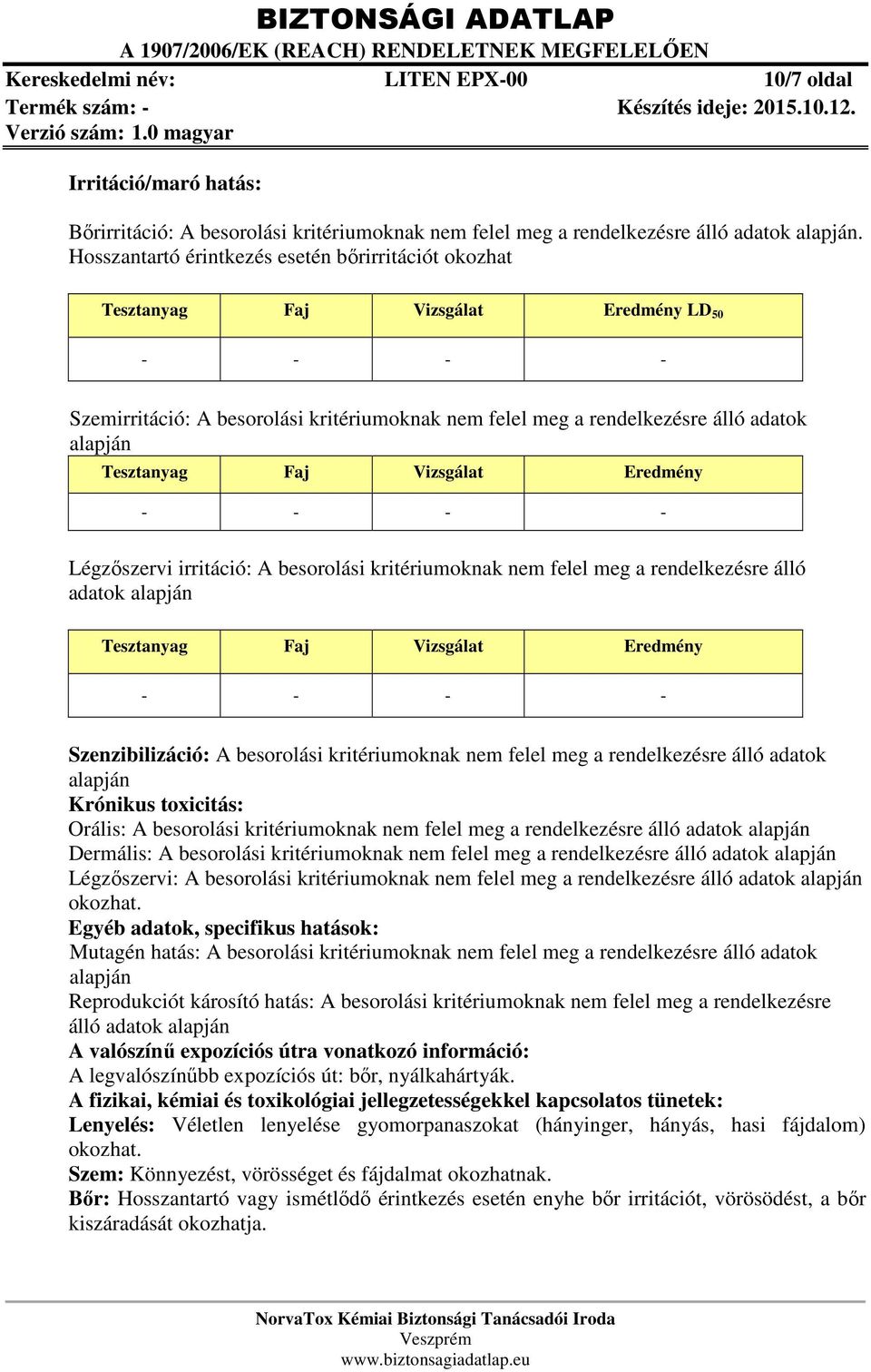 Tesztanyag Faj Vizsgálat Eredmény - - - - Légzőszervi irritáció: A besorolási kritériumoknak nem felel meg a rendelkezésre álló adatok alapján Tesztanyag Faj Vizsgálat Eredmény - - - -