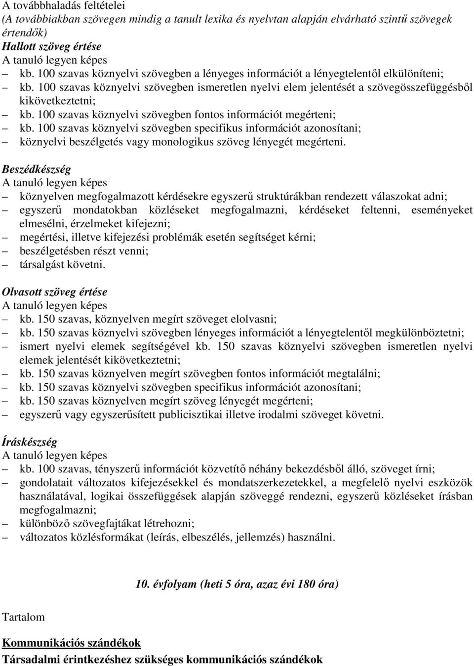 100 szavas köznyelvi szövegben fontos információt megérteni; kb. 100 szavas köznyelvi szövegben specifikus információt azonosítani; köznyelvi beszélgetés vagy monologikus szöveg lényegét megérteni.