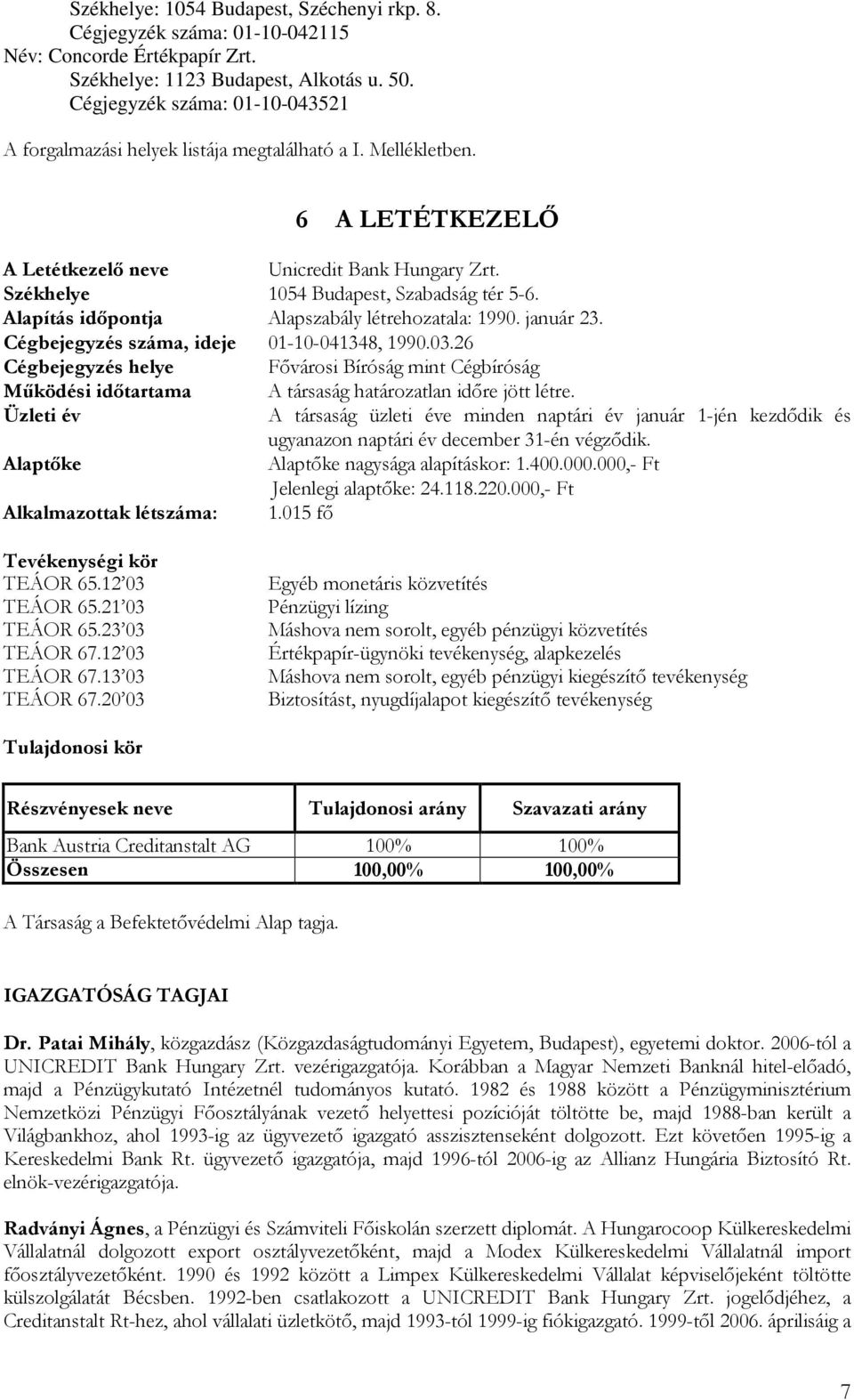 Alapítás idıpontja Alapszabály létrehozatala: 1990. január 23. Cégbejegyzés száma, ideje 01-10-041348, 1990.03.