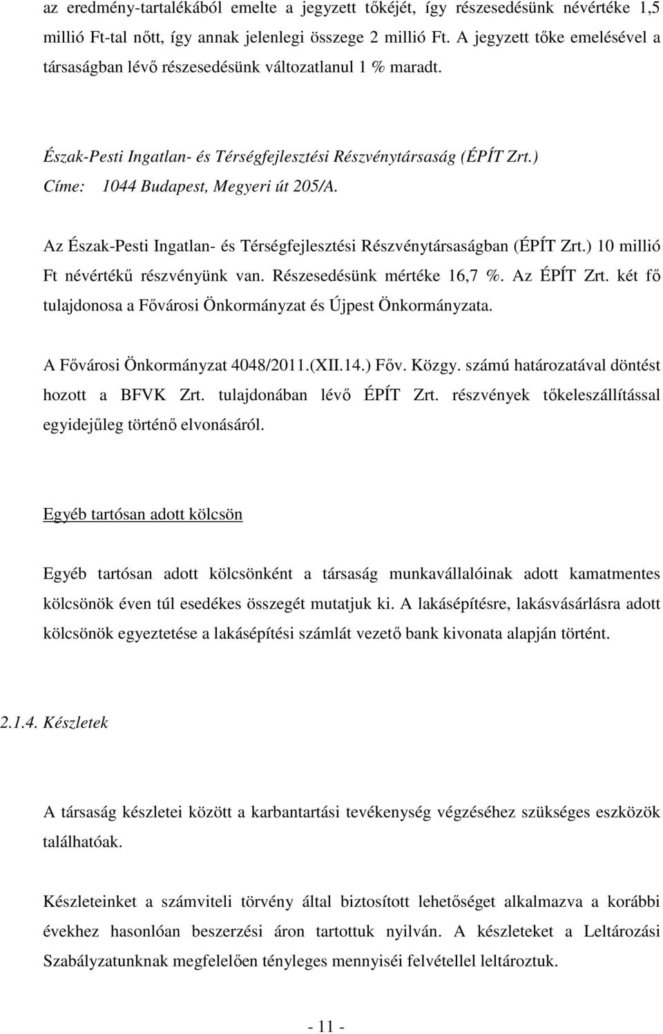 Az Észak-Pesti Ingatlan- és Térségfejlesztési Részvénytársaságban (ÉPÍT Zrt.) 10 millió Ft névértékő részvényünk van. Részesedésünk mértéke 16,7 %. Az ÉPÍT Zrt.