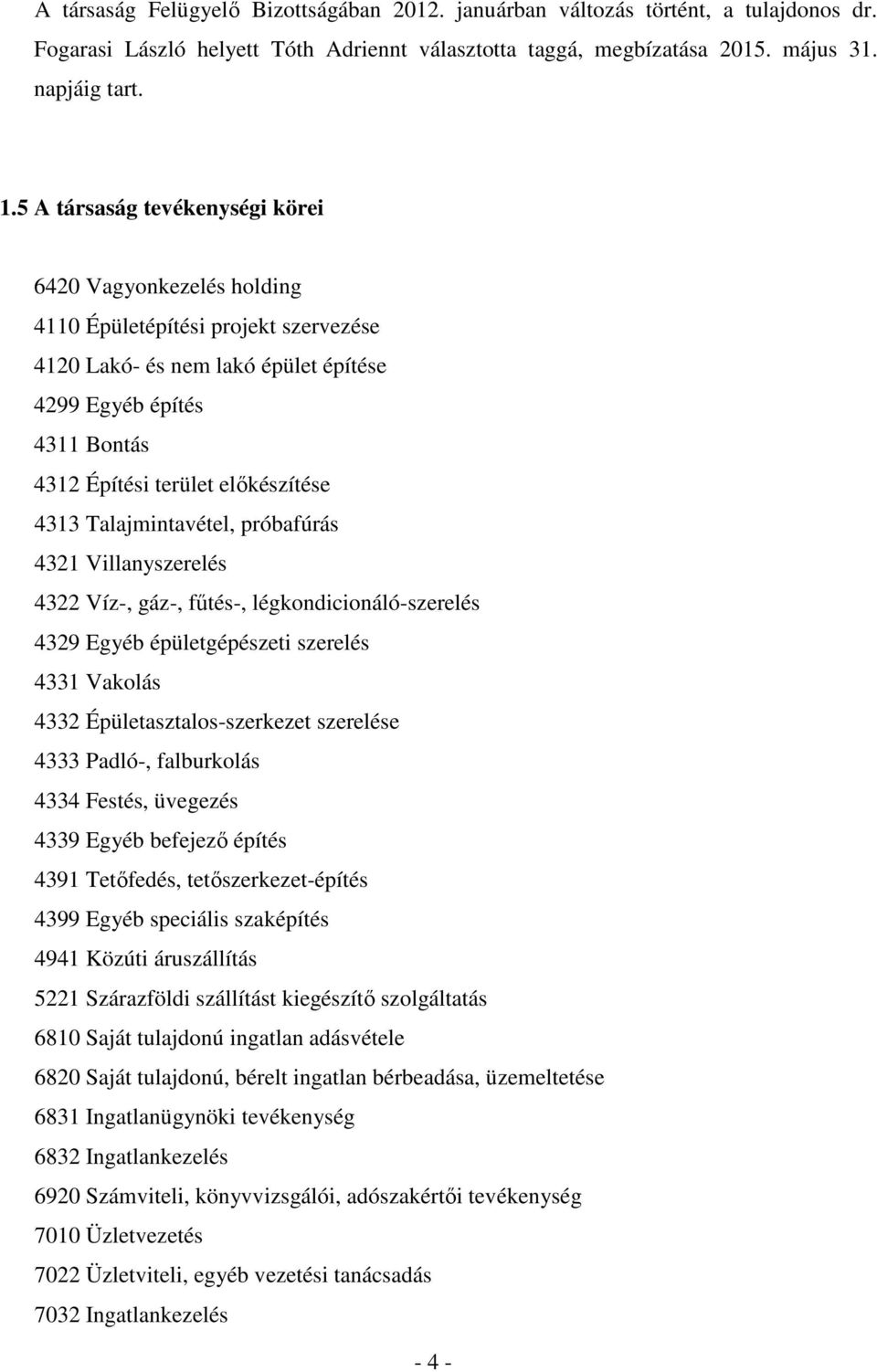 4313 Talajmintavétel, próbafúrás 4321 Villanyszerelés 4322 Víz-, gáz-, főtés-, légkondicionáló-szerelés 4329 Egyéb épületgépészeti szerelés 4331 Vakolás 4332 Épületasztalos-szerkezet szerelése 4333