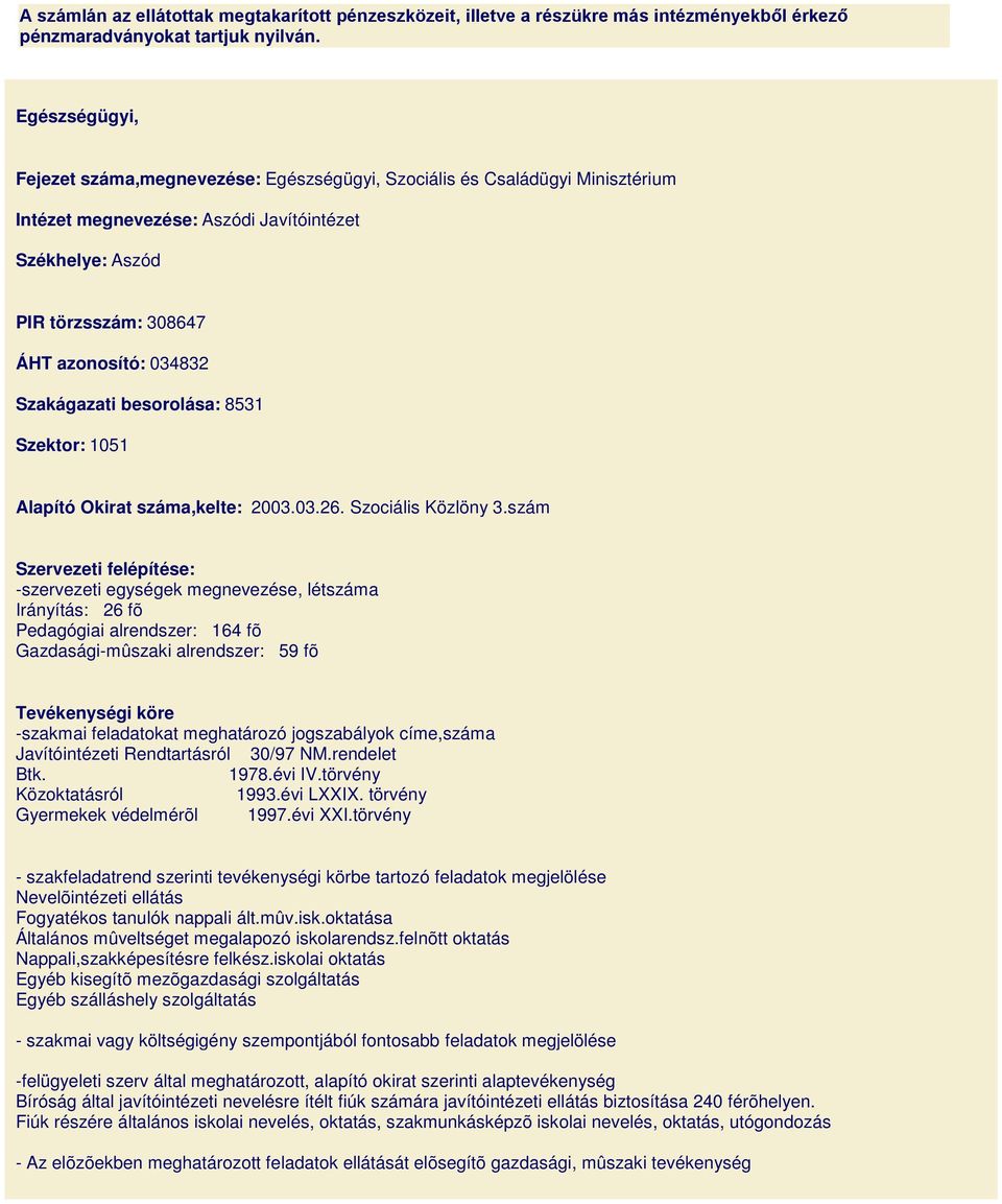 Szakágazati besorolása: 8531 Szektor: 1051 Alapító Okirat száma,kelte: 2003.03.26. Szociális Közlöny 3.