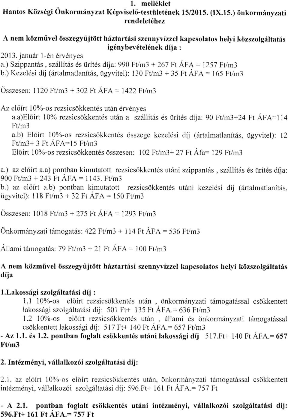 ) Szippantás, szállítás és ürítés díja: 990 Ft/m3 + 267 Ft ÁFA = 1257 Ft/m3 b.