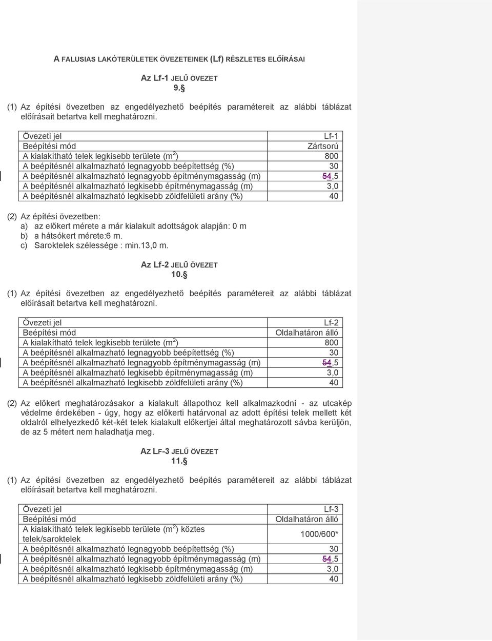 Övezeti jel Lf-1 Beépítési mód Zártsorú A kialakítható telek legkisebb területe (m 2 ) 800 A beépítésnél alkalmazható legnagyobb beépítettség (%) 30 A beépítésnél alkalmazható legnagyobb