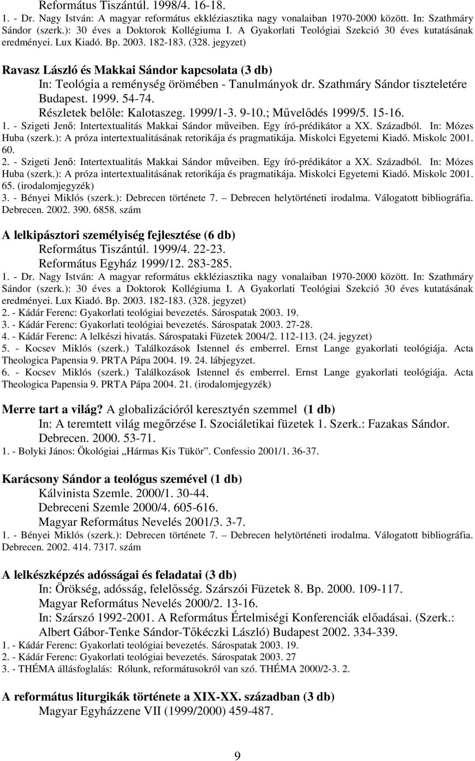 jegyzet) Ravasz László és Makkai Sándor kapcsolata (3 db) In: Teológia a reménység örömében - Tanulmányok dr. Szathmáry Sándor tiszteletére Budapest. 1999. 54-74. Részletek belıle: Kalotaszeg.